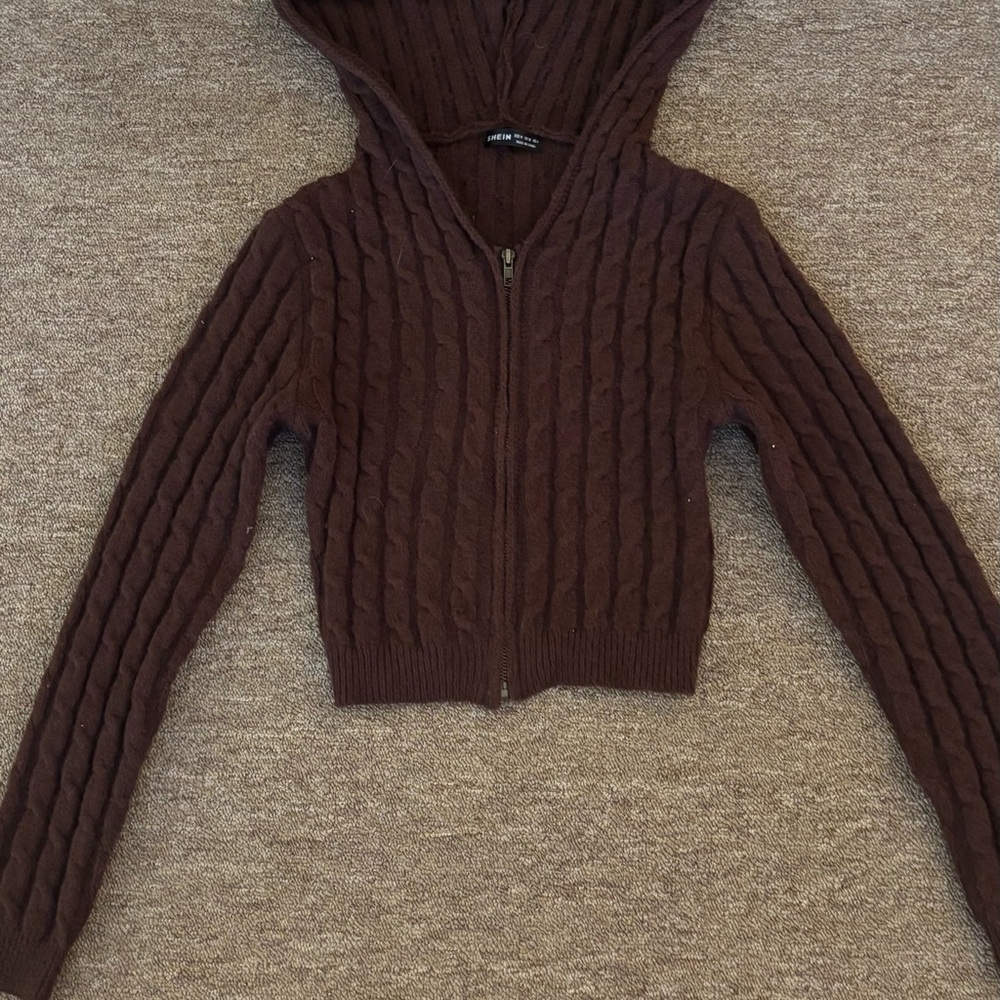 SHEIN Chocolate Cable Knit Hooded Cardigan